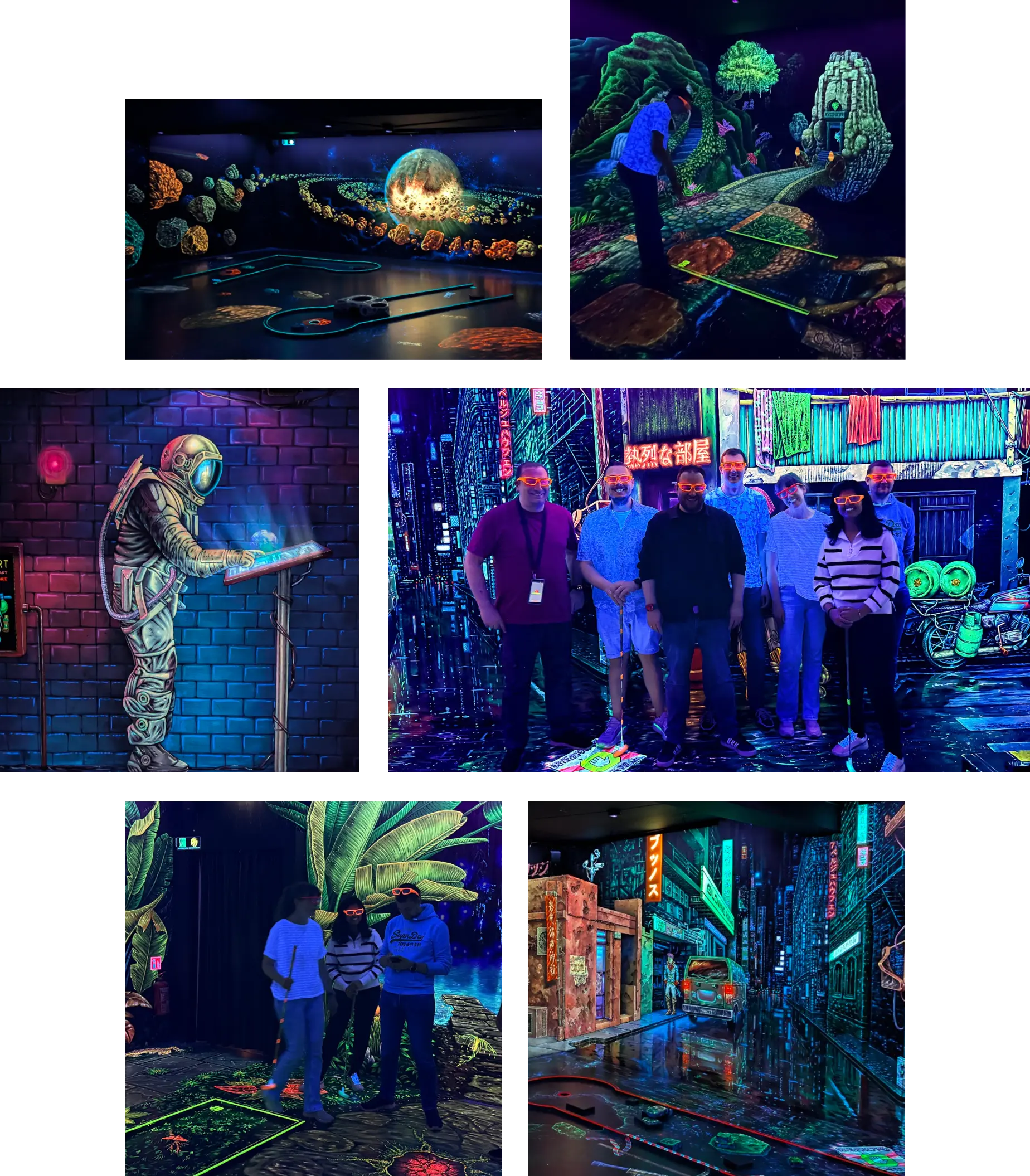 Team Hypercode beim 3D Blacklight Minigolf: leuchtende Bahnen, bunte Welten und ein Gruppenfoto mit 3D-Brillen