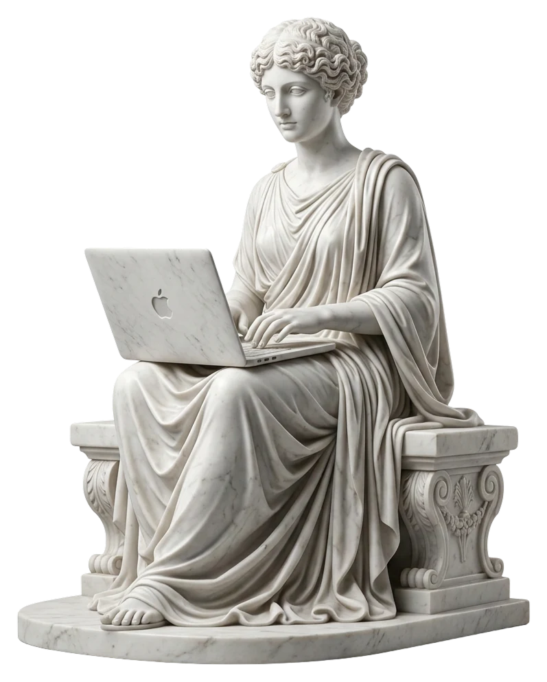 Klassische Marmorstatue mit Laptop