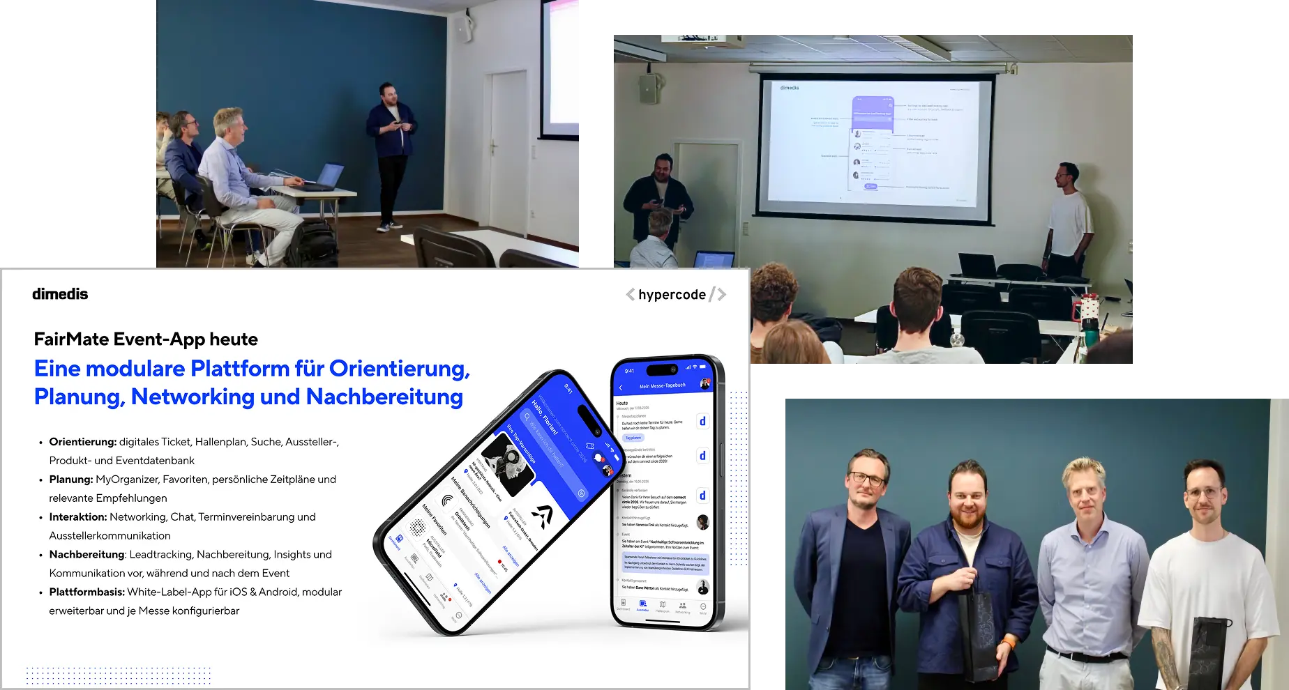 Collage vom Gastvortrag an der Media University: Vortragsszenen, eine Präsentationsfolie mit Funktionen und Ansichten der FairMate Event-App sowie ein Gruppenfoto