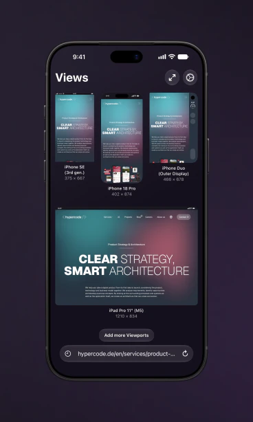 Views showing multiple website previews at different viewport sizes on iPhone with the device frame.