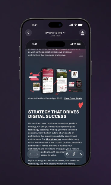 Interactive website preview in the Views detail view on iPhone with the device frame.