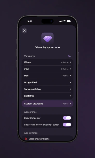 Device catalog and viewport selection in Views on iPhone with the device frame.