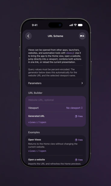 URL scheme instructions and URL builder in Views on iPhone with the device frame.