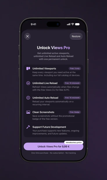 Views Pro showing an overview of the features it unlocks on iPhone with the device frame.