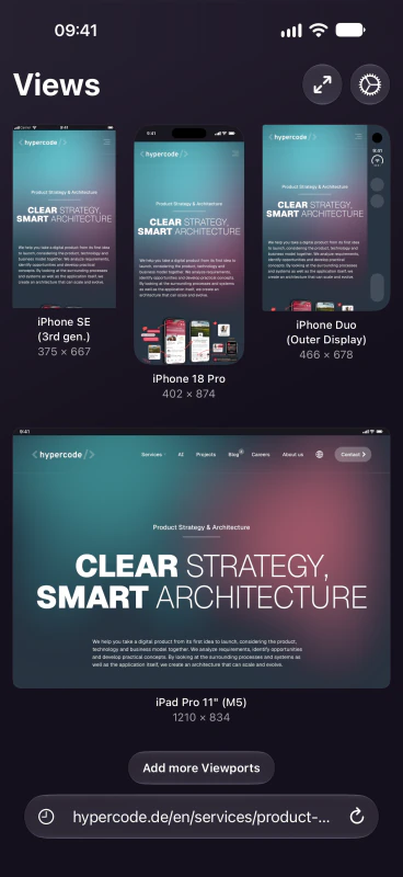 Views showing multiple website previews at different viewport sizes on iPhone, screenshot without the device frame.