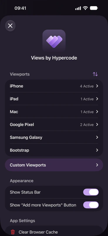 Device catalog and viewport selection in Views on iPhone, screenshot without the device frame.
