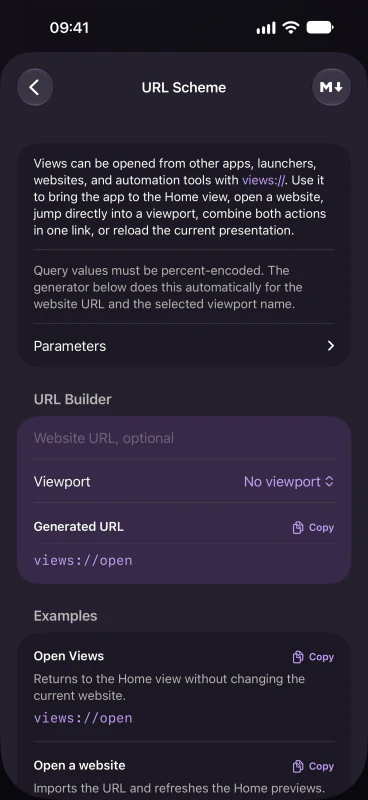 URL scheme instructions and URL builder in Views on iPhone, screenshot without the device frame.