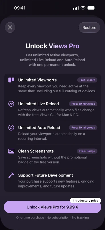 Views Pro showing an overview of the features it unlocks on iPhone, screenshot without the device frame.