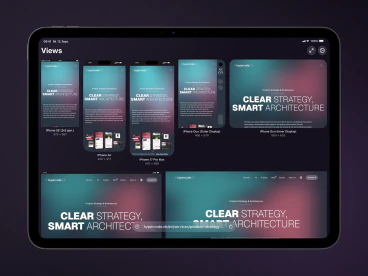 Views showing multiple website previews at different viewport sizes on iPad with the device frame.