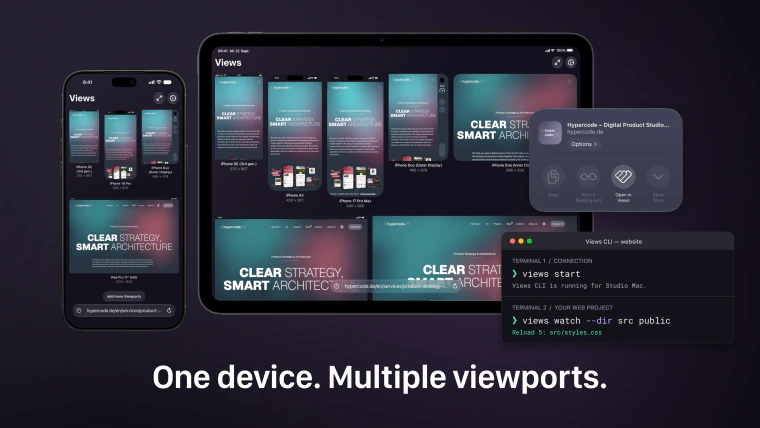 Landscape Views teaser showing iPhone and iPad with multiple website previews, the Safari extension and Views CLI.