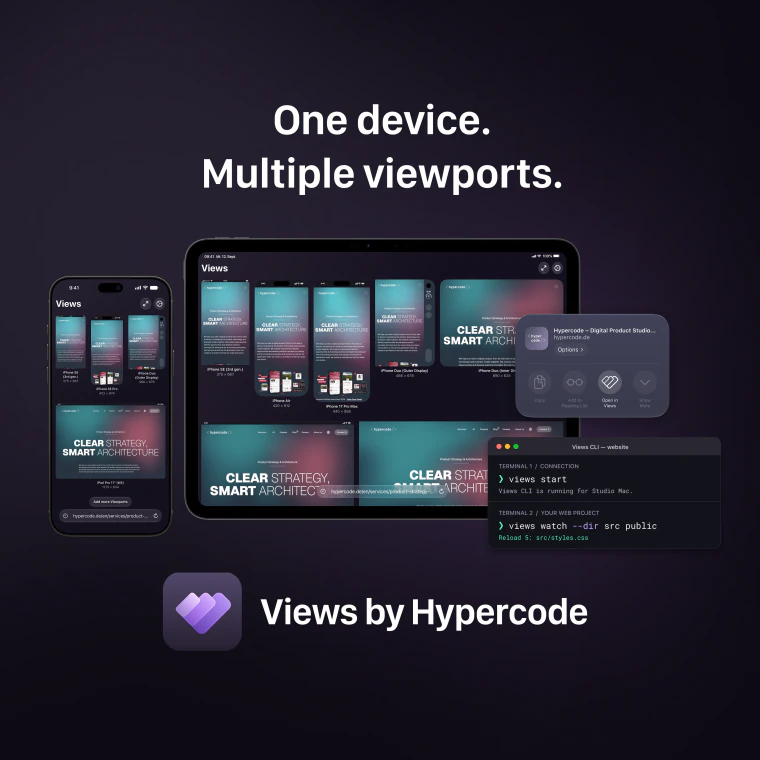 Square Views teaser showing iPhone, iPad, the Safari extension, Views CLI and the app icon.