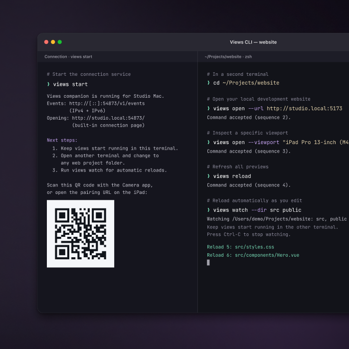 Views CLI in a terminal: the connection service with a pairing QR code and commands to open websites and viewports, refresh previews and start Live Reload. | Hypercode, Digital Product Studio, Cologne
