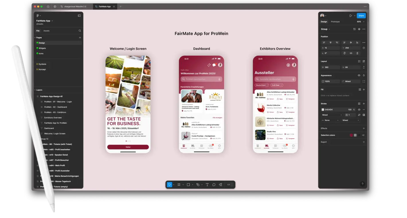 Einblicke in den Design- und Konzeptionsprozess der dimedis FairMate Event-App: Zu sehen sind verschiedene App-Screens wie Login, Dashboard, Ausstellerübersicht und Ausstellerdetailseite innerhalb einer Design-Umgebung sowie eine mobile Darstellung auf einem iPhone, die den Einsatz der App im Messekontext verdeutlicht. | Hypercode, Digital Product Studio, Köln